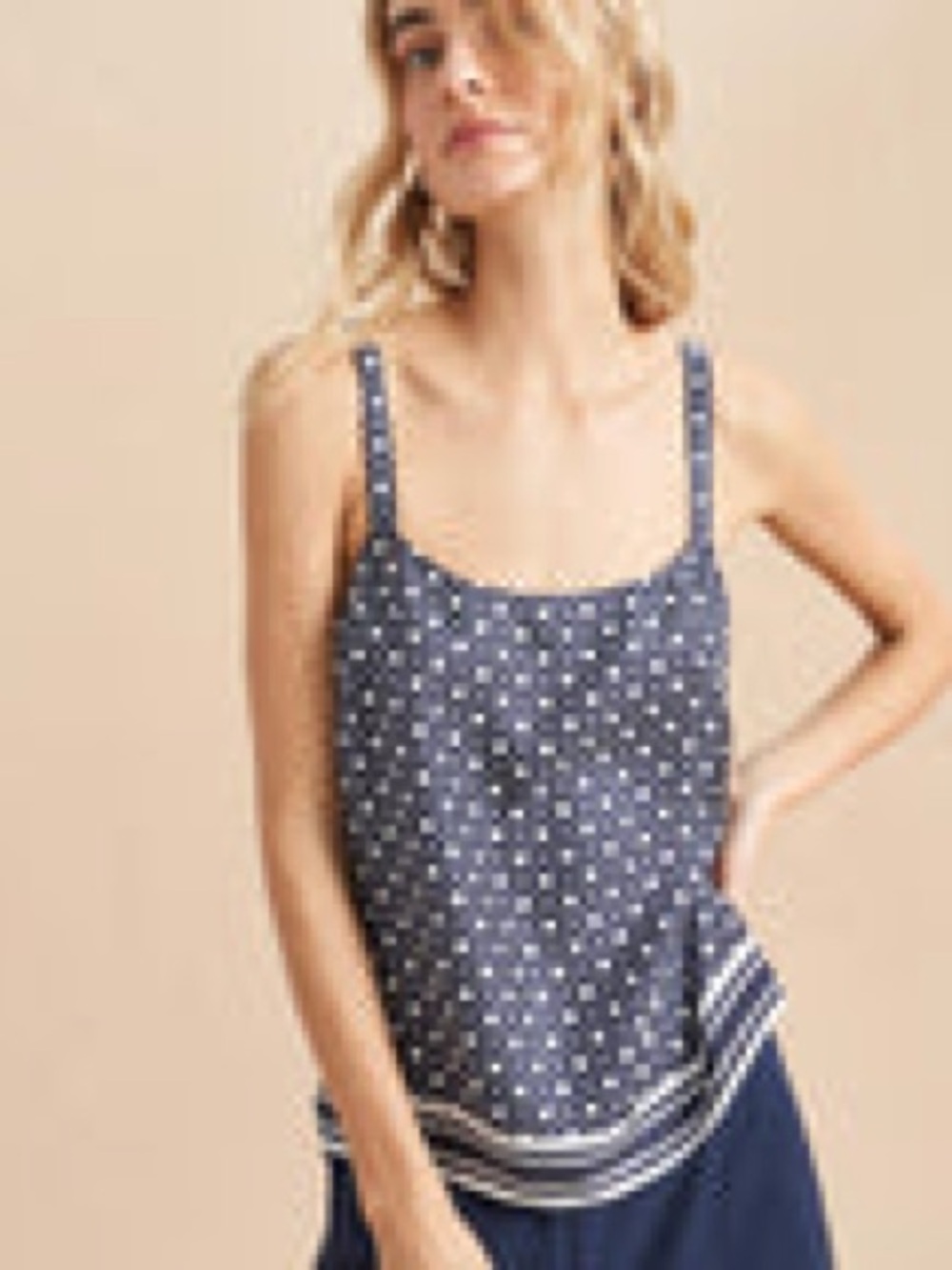 La Ligne Navy Polka Dot Strappy Camisole with Striped Hem